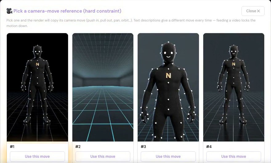 Camera-move picker: four reference clips, each with a "Use this move" button