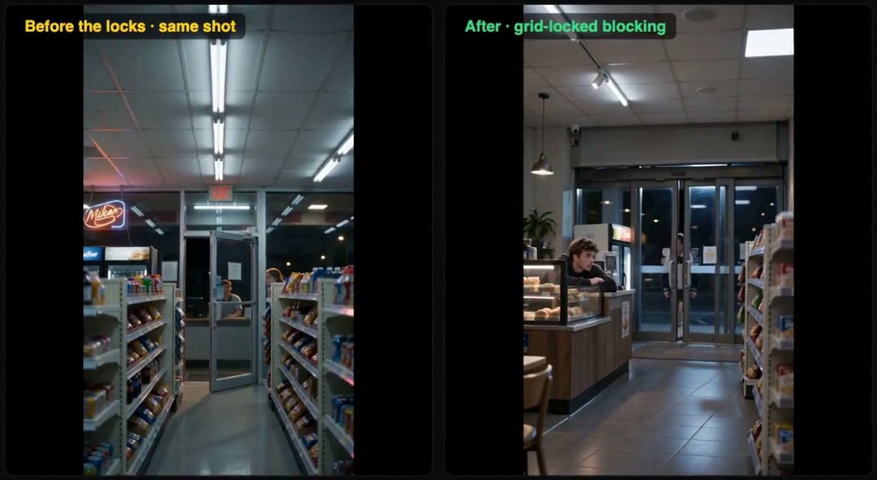 The same shot side by side: before the locks on the left, and after the grid locked the blocking on the right