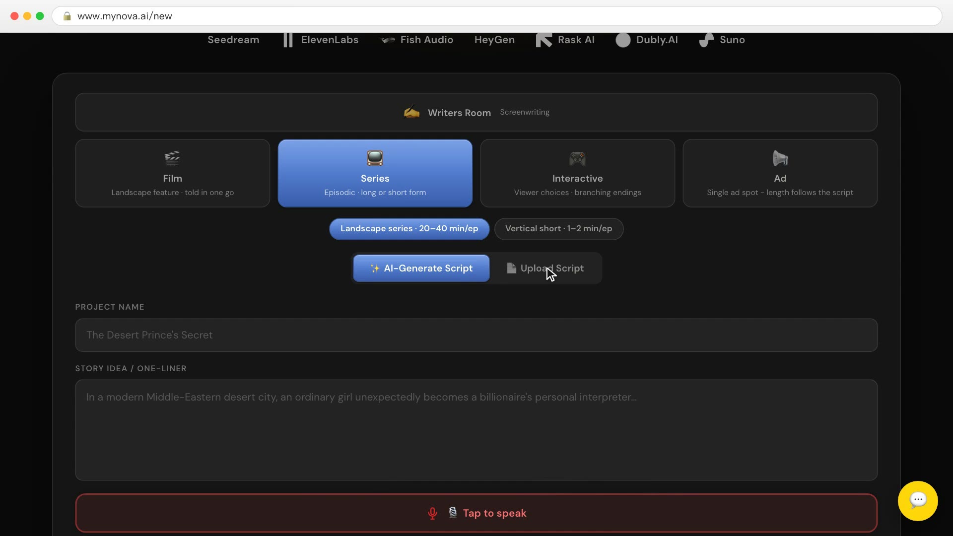 New project: Series selected, episode length below, with the generate and upload tabs
