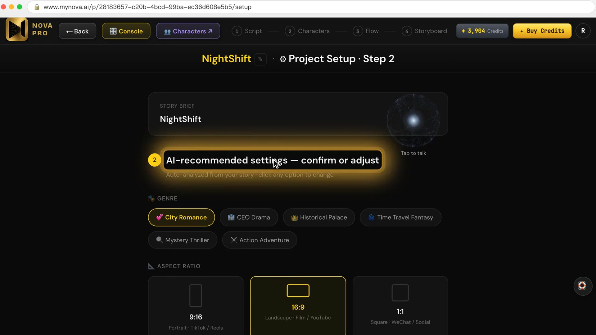 Project setup: AI-recommended genre and aspect ratio, ready to confirm or adjust