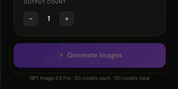With the count set to 1, the line under the button reads "GPT Image 2.5 Pro · 50 credits each · 50 credits total"