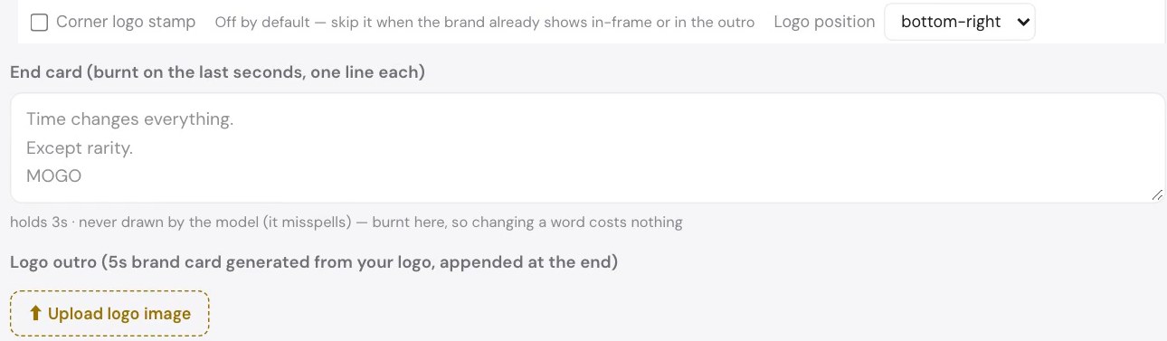The ad delivery page: "Corner logo stamp" unchecked by default; below it, "End card (burnt on the last seconds, one line each)" and "Logo outro (5s brand card generated from your logo, appended at the end)"