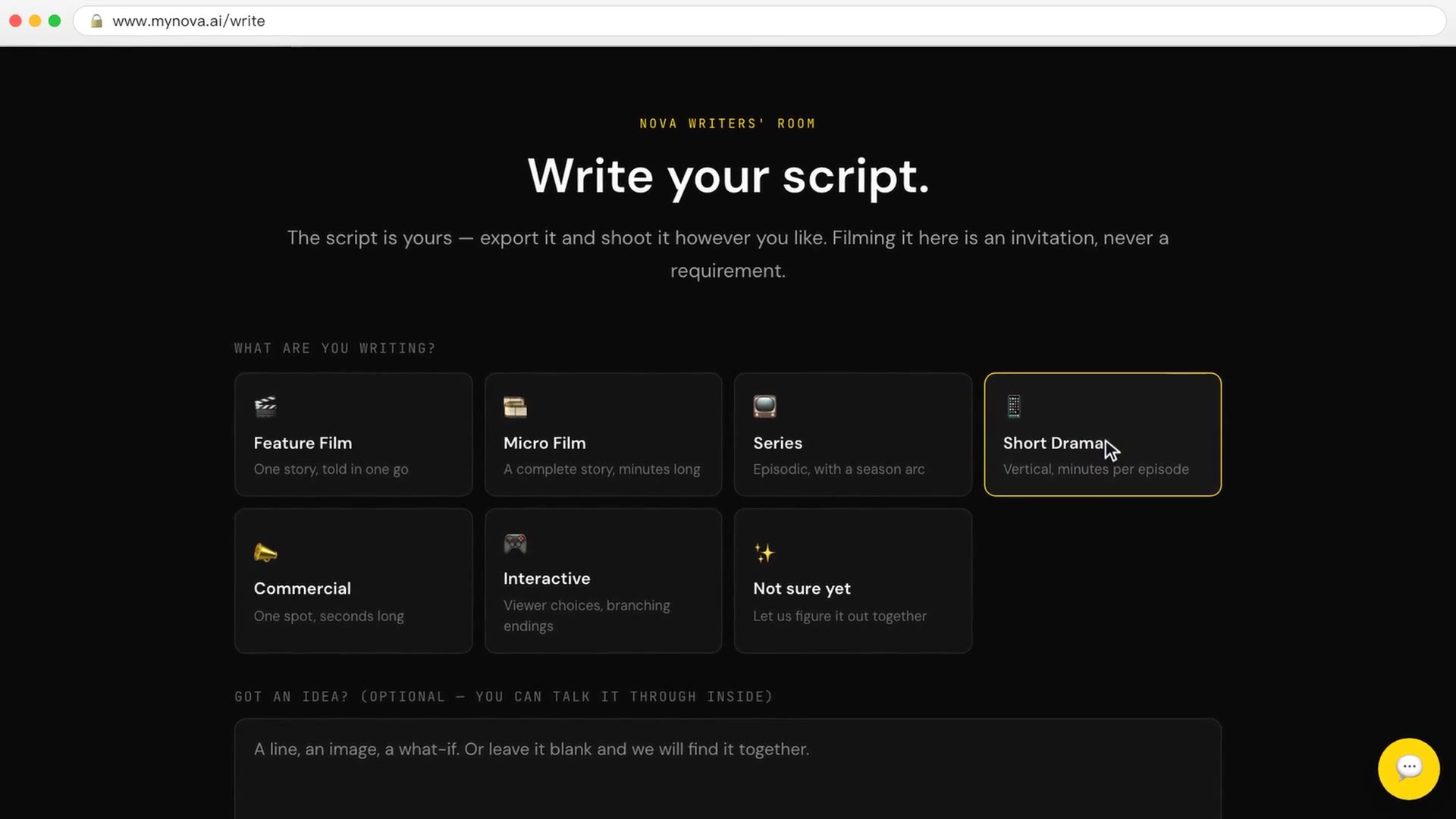 The writers' room script types: Feature Film, Micro Film, Series, Short Drama, Commercial, Interactive