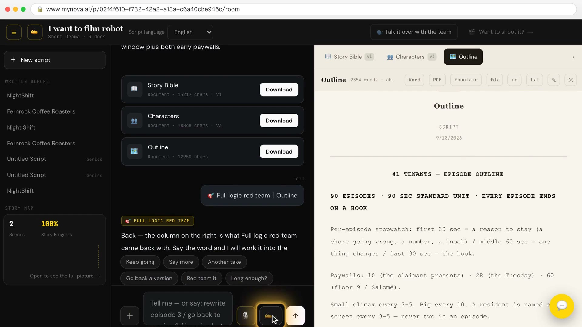 The writers' room: chat with the head writer on the left, the outline on the right