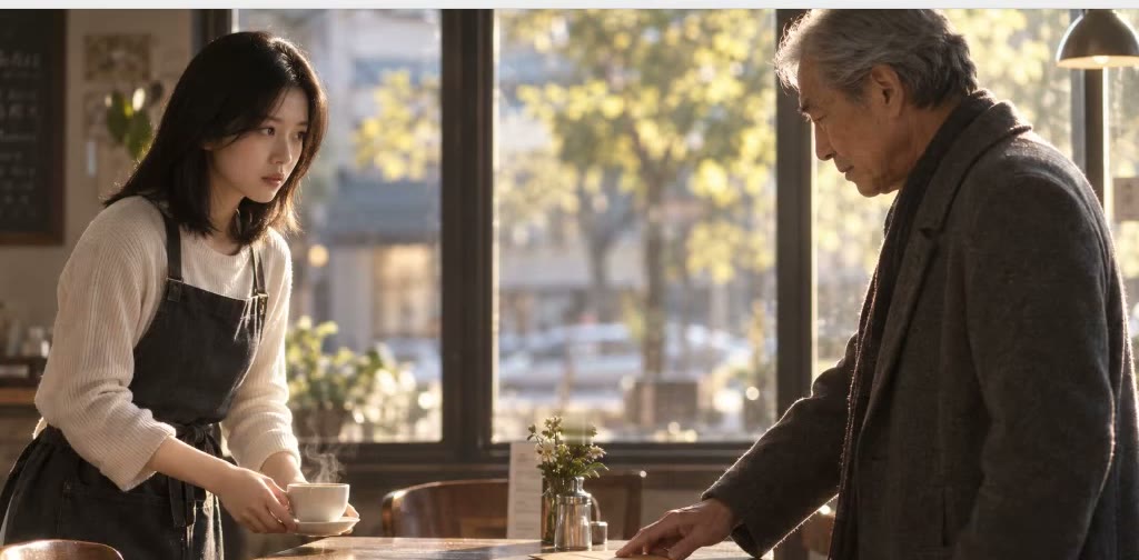 A keyframe rendered from a stick-figure sketch: a café, a server and an older man