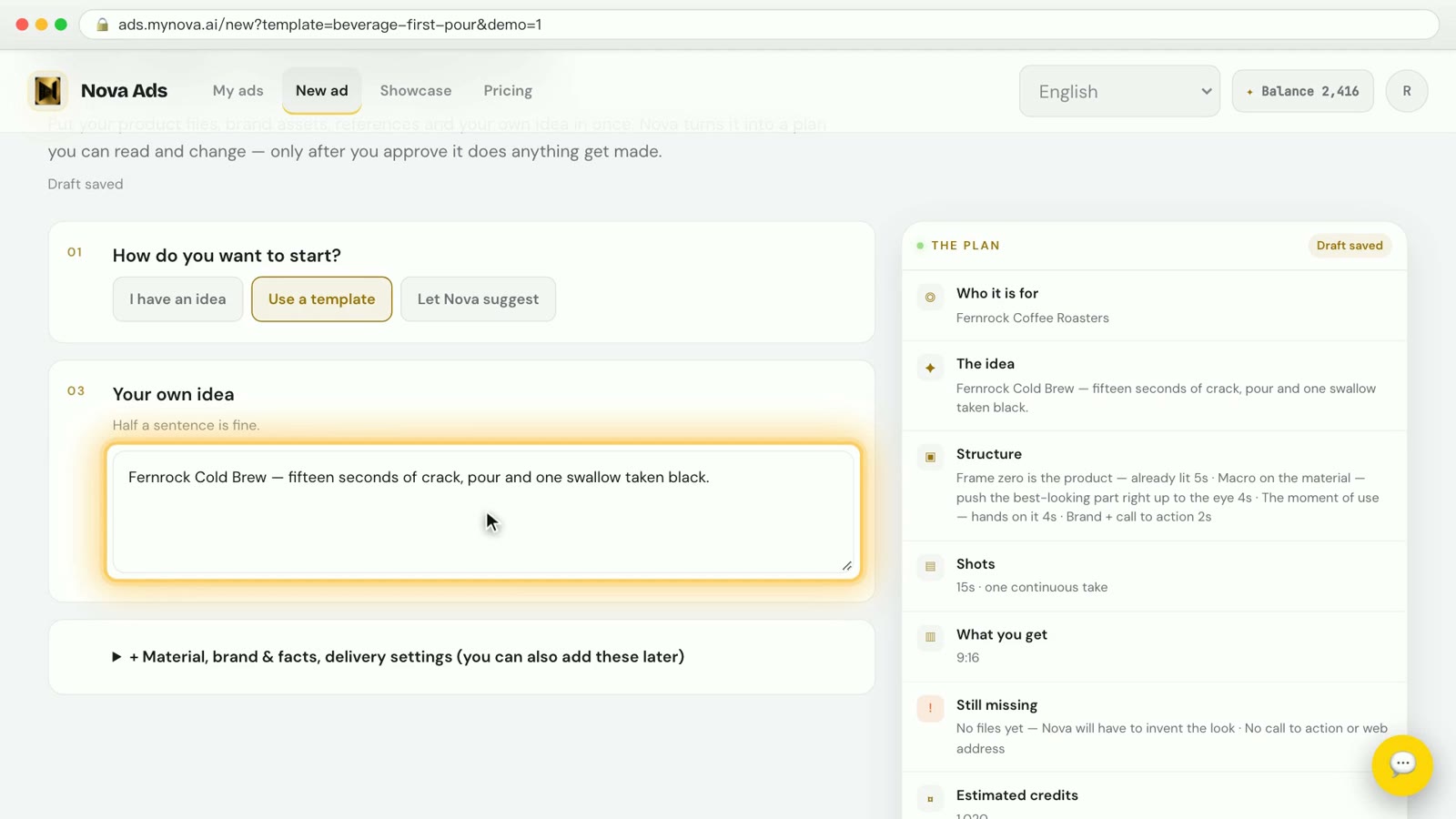 The Nova Ads plan page: your idea on the left, the plan on the right