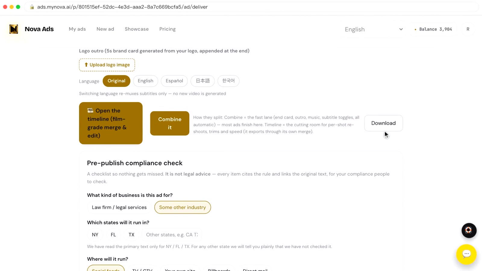 The delivery page: end card, logo, language, and the pre-publish compliance check