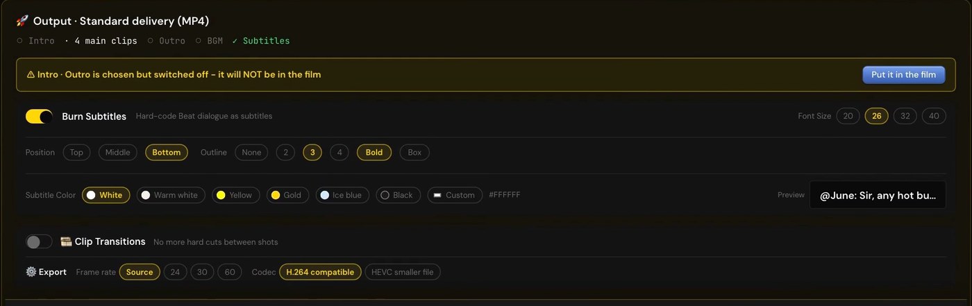 Export panel: Burn Subtitles on, with font size, position, outline, bold, box and color options, and a preview line on the right