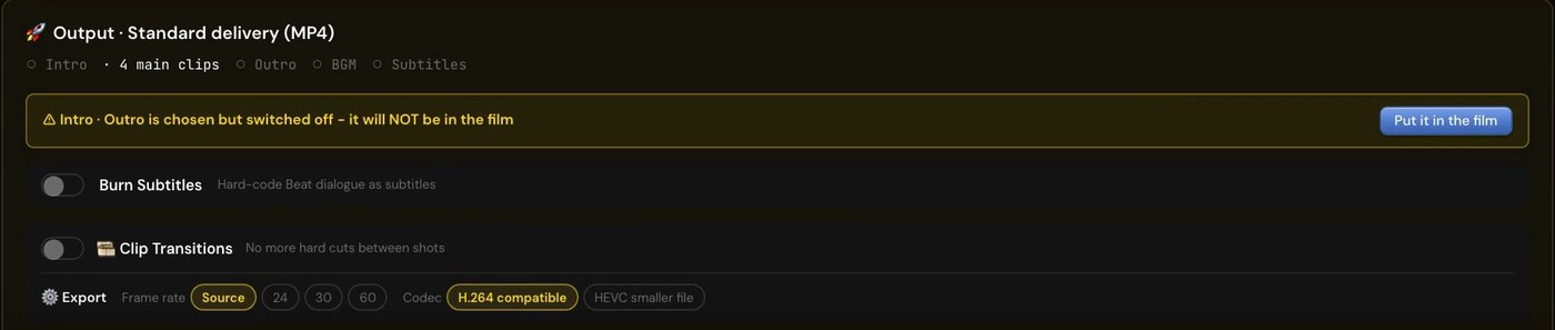 Export panel with Burn Subtitles off: exporting now gives a clean master plus a subtitle file