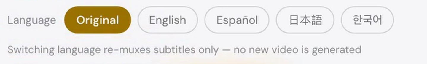 The language row on the delivery page: Original, English, Español, 日本語, 한국어, with the note that switching language re-muxes subtitles only and no new video is generated
