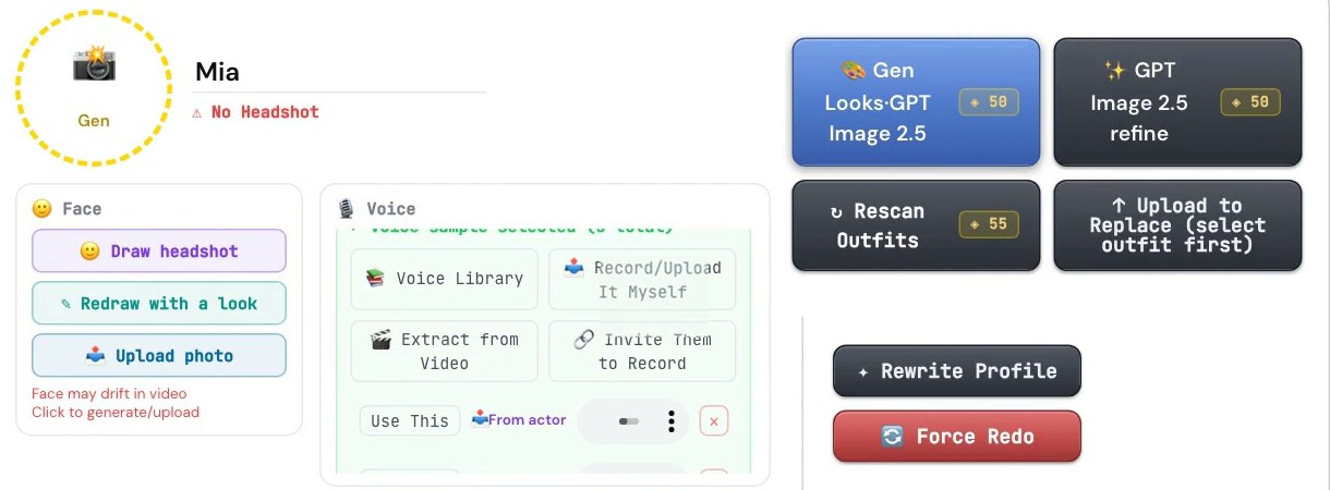 A character card on the Characters page: Face on the left, and the Voice panel with Voice Library, Record/Upload It Myself, Extract from Video and Invite Them to Record
