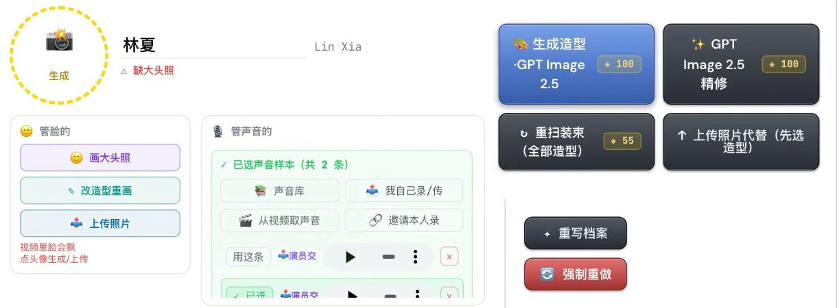 人物页的角色卡：左边管脸，中间「管声音的」，四个入口是声音库、我自己录/传、从视频取声音、邀请本人录