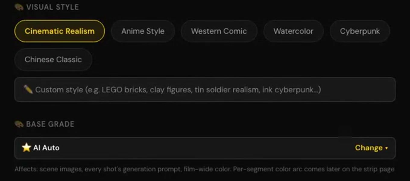 Project setup: Cinematic Realism selected as the visual style, with the base grade below