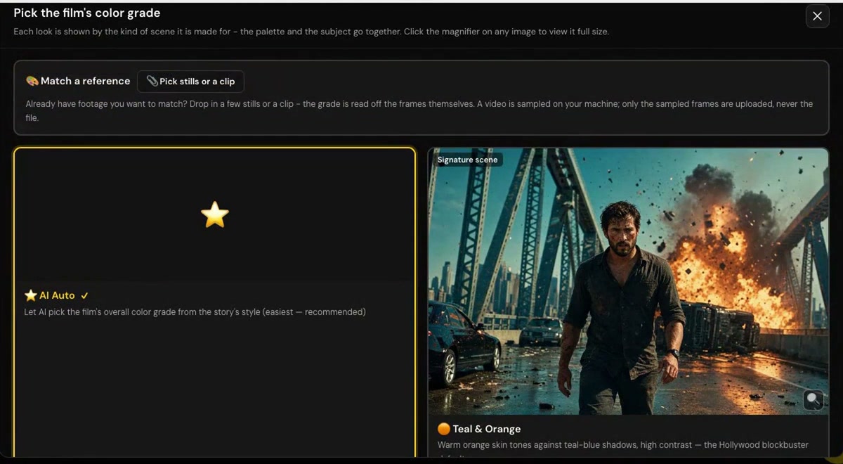 Pick the film's color grade: AI Auto on the left, sample scenes for each grade, and Match a reference at the top