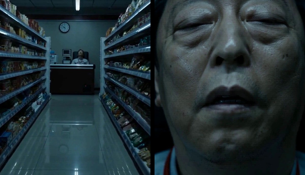 Made in Nova: two shots from the same episode, a night-shift convenience store aisle and a close-up of the clerk (from the footage in lesson 05-10)