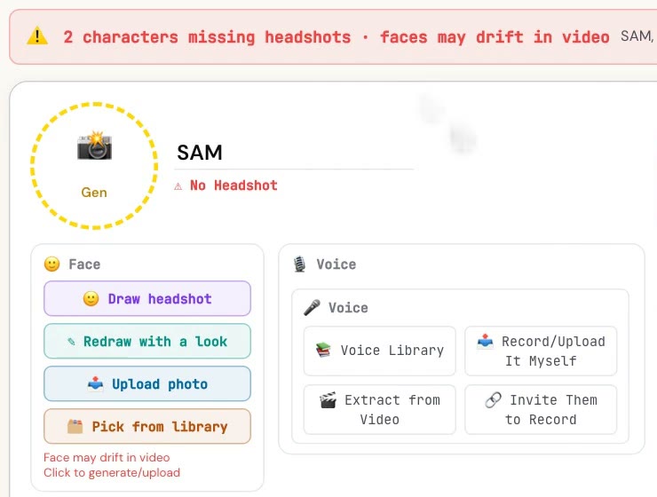 The character page: a red warning that two characters are missing headshots