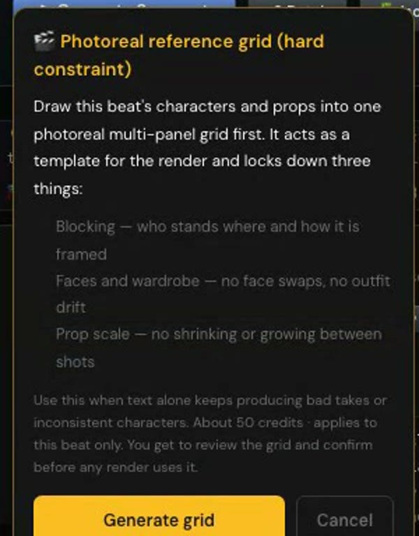 The photoreal reference grid: about 50 credits, applies to this beat only, and you review it before any render uses it