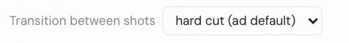 The "Transition between shots" menu in the delivery page's post-production panel, set to "hard cut (ad default)"